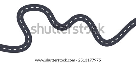 Winding road vector illustration, curved highway icon, black and white road graphic, abstract transportation route, dashed line path, asphalt driving symbol, infographic element