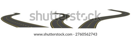 Winding road vector illustration with curved asphalt highway path with yellow lane markings, icon set isolated on white background. Perspactive view of street journey route for map design