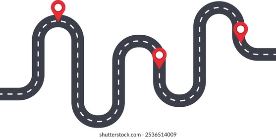 Winding road vector illustration with map markers, curved highway icon, black and white road graphic, abstract transportation route, dashed line path, infographic element