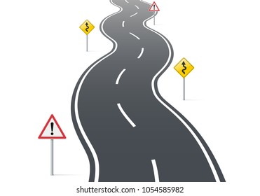 Winding road with warning signs. Concept of complexity, danger