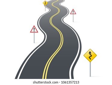 Winding road with warning signs. Concept of complexity, danger