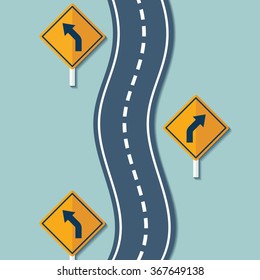 Winding road and warning signs. Flat graphics. Vector Stock illustration.