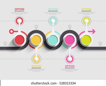 Winding road way location infographic template with a phased structure. Business circle template with options for brochure, diagram, workflow, timeline, web design. Vector EPS 10