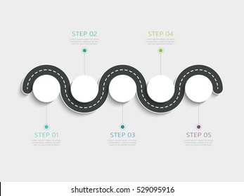 Winding road way location infographic template with a phased structure. Business circle template with options for brochure, diagram, workflow, timeline, web design. Vector EPS 10