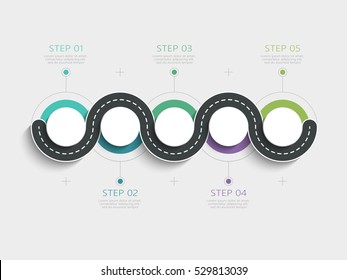 Winding road way location infographic template with a phased structure. Business circle template with options for brochure, diagram, workflow, timeline, web design. Vector EPS 10