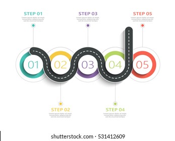 Winding road way location infographic template with a phased structure. Business circle template with options for brochure, diagram, workflow, timeline, web design. Vector EPS 10