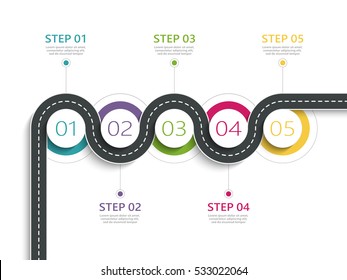 Winding road way location infographic template with a phased structure. Business circle template with options for brochure, diagram, workflow, timeline, web design. Vector EPS 10