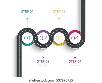 Winding road way location infographic template with a phased structure. Business circle template with options for brochure, diagram, workflow, timeline, web design. Vector EPS 10