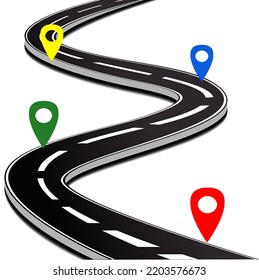 winding road way with pin isolated. road way location infographic template with pin

