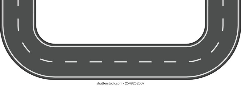 Carretera sinuosa con líneas discontinuas blancas que dan un giro en u sobre fondo blanco que representa los conceptos de transporte, viaje y viaje