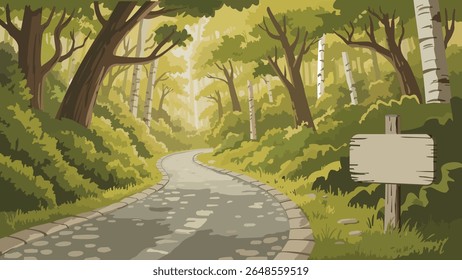 A winding road winds through a lush, green forest. 