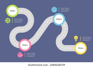 Infografía de la hoja de ruta sinuosa con Ilustración vectorial plana de cuatro pasos