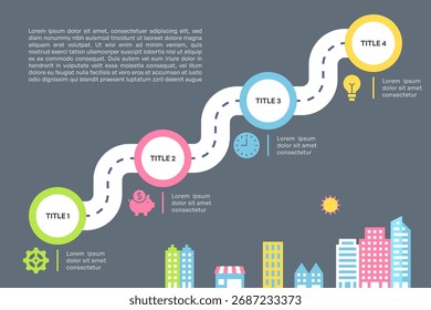 Winding Roadmap Infographic with Four Steps City Background Vector Illustration