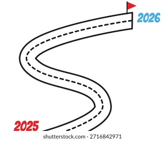 A winding roadmap with a timeline from 2025 to 2026 with concepts of planning, process, growth, achievement, and journey to the destination. The new year 2026, success, the past and the future.