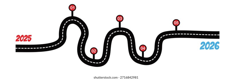 A winding roadmap with a timeline from 2025 to 2026 with concepts of planning, process, growth, achievement, and journey to the destination. The new year 2026, success, the past and the future.