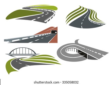 Winding roads among green fields, freeway with railroad bridge, highway interchange with ramp and mountainside road with tunnel, for transportation theme design