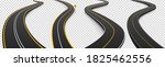 Winding roads, black asphalt highways with white and yellow marking. Vector realistic set of curved car ways or streets and dead end sign isolated on transparent background