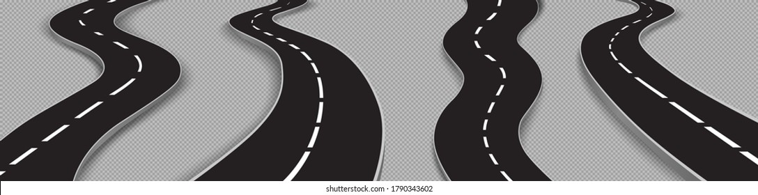 Winding roads, black asphalt highways with white marking. Vector realistic set of curved car ways or streets isolated on transparent background. Concept of journey and travel