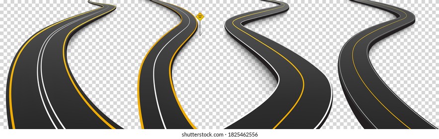 Winding roads, black asphalt highways with white and yellow marking. Vector realistic set of curved car ways or streets and dead end sign isolated on transparent background