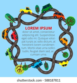 Winding roads in circle with a lot of colorful cars and trees. Vector illustration in modern flat style for web banners and info graphics.