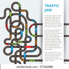 A lot of winding roads with colorful cars and trucks. Traffic concept in modern flat style for web banners and info graphics.