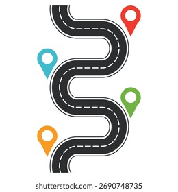 Carreteras sinuosas y pines de mapa