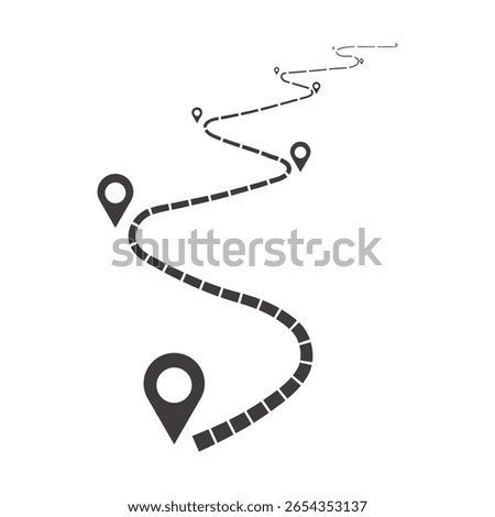 A winding route navigation path marked with location pins, indicating a journey or travel plan. The path is represented by a dotted line, leading to different destinations.