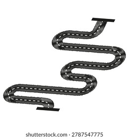 Winding snake vector curve features dashed track beside drawn path. Dynamic wavy road icon promotes creative presentation layout.