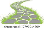 Winding stone path in green grass, garden stone walkway vector illustration isolated on white background