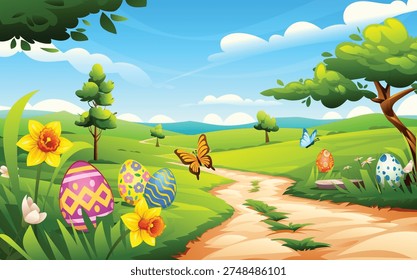 Winding stone path in a lush spring park with hidden Easter eggs and flowers. Vector cartoon landscape illustration