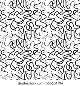 Winding threads seamless pattern. Black twirled and crossing lines on white background. Tangled ropes of different thickness wrapping texture. Vector eps8 illustration.