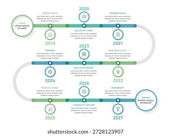 Plantilla de infografía de la línea de tiempo sinuosa con 9 hitos que muestran la progresión a través de varios años con íconos y secciones de texto