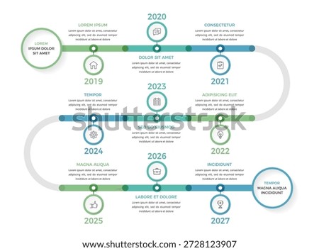 Winding timeline infographic template with 9 milestones showing progression through multiple years with icons and text sections