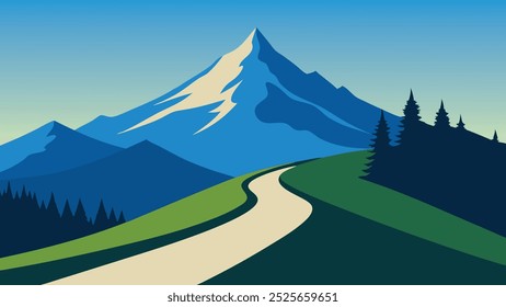 Un sendero serpenteante asciende hacia la cima de una majestuosa montaña, rodeada de exuberante vegetación y cielos azules claros Ilustración vectorial plana