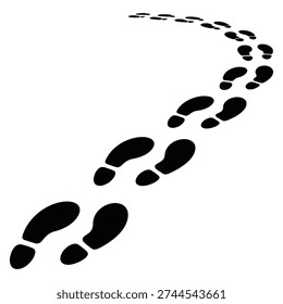 A winding trail of black human footprints indicating movement and progress, suitable for themes of journey, discovery, and pathfinding.