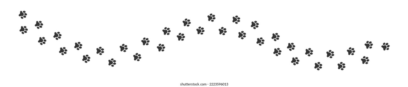 Winding trail of wet or mud pawprints of dog, cat, bear, wolf, raccoon. Paw silhouettes stamps. Steps of running or walking animals isolated on white background. Vector graphic illustration