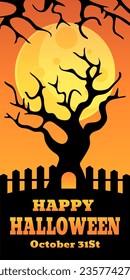 Winding tree with a small door against moon background. Halloween silhouette poster
