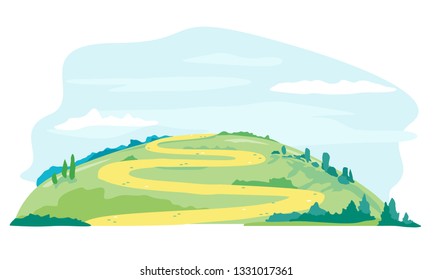 Winding way on the green hill in summer day, green lawn with sandy path nature landscape, tourist routes, travel illustration isolated