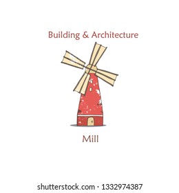 Windmill advertising banner vector red colored illustration in retro style with grunge textures and rust effect. Hand drawn clip art. Vintage