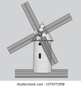 windmill. Agriculture, farming, bakery logo or label. Vintage vector illustration eps