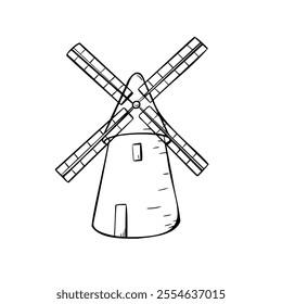 Windmill, air mill black white vector illustration isolated. Rural making bread mill hand drawn outline. Tower mill, Dutch mill sketch for design package bread, flour, trade, grocery store, bakery.