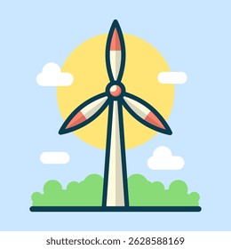 Windmill amid sunny skies and nature cartoon flat design illustration