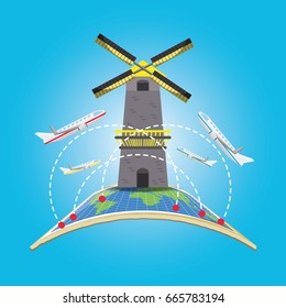 windmill architecture with airplane and earth planet