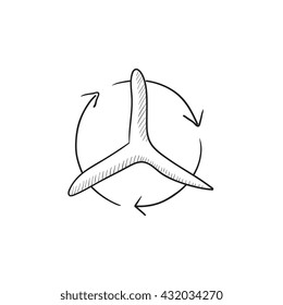 Molino de viento con flechas, icono de esbozo vectorial aislado en el fondo. Dibujó mano el molino de viento con un icono de flechas. Molino de viento con flechas icono de esbozo para infografía, sitio web o aplicación.