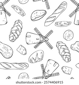 Windmill, assorted bread black white vector seamless pattern. Loaf bread, challah, rustic rye round, ciabatta and buns in line art. Bakery goods on monochrome repeat background for packaging, textile.