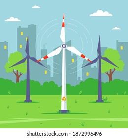 un molino de viento en el fondo de la ciudad extrae electricidad del viento. ilustración vectorial plana.