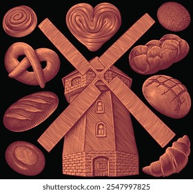 Windmill and baked goods. Baking bread. Design set. Editable hand drawn illustration. Vector vintage engraving. Isolated on black background. 8 EPS