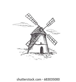 Windmill. Bakery concept. Farm landscape. Vector hand drawn illustration for packaging design. 