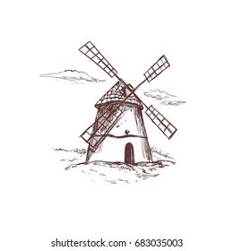 Windmill. Bakery concept. Farm landscape. Vector hand drawn illustration for packaging design. 