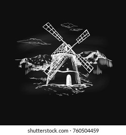 Windmill. Bakery concept. Farm landscape. Vector hand drawn illustration for packaging design. Chalkboard